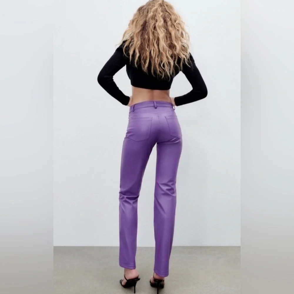 Blogger Fav! ZARA S Faux Leather Dark Mauve/Purple Pants Straight Leg Lined - Picture 2 of 16